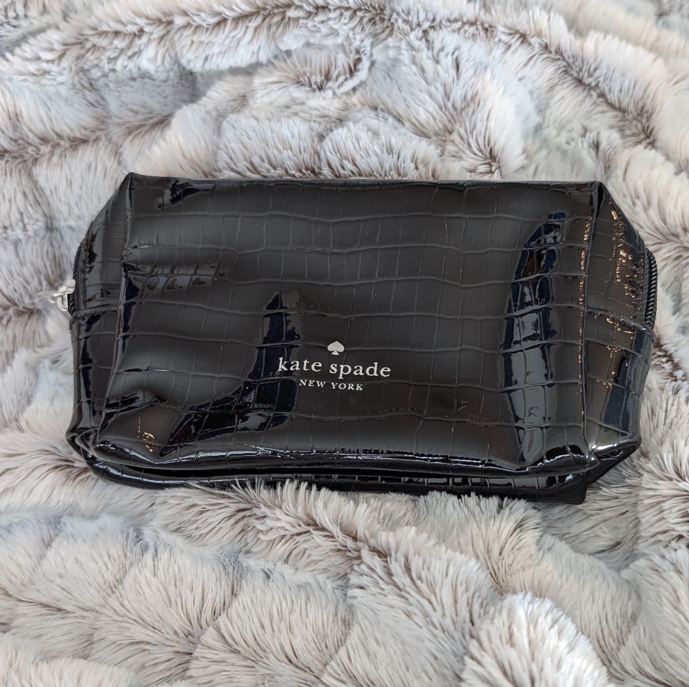 Kate Spade Glossy Black Faux Croc-Embossed Pouch